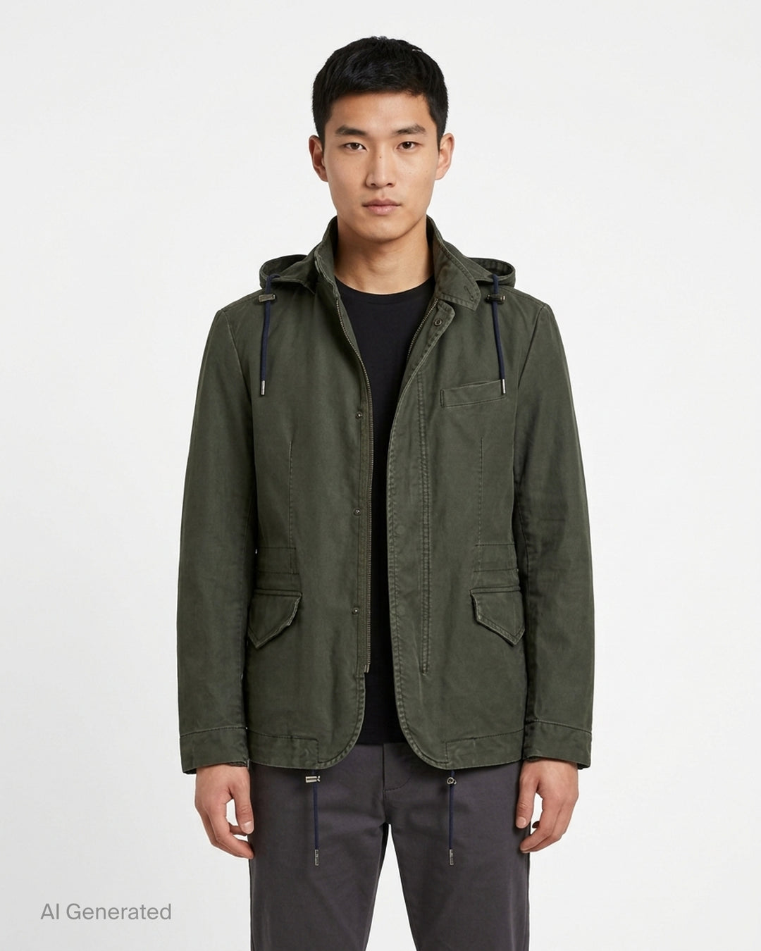 sacai olive green sueded cotton hooded jacket with navy drawcords, mint green collar buttons and flap pockets - front