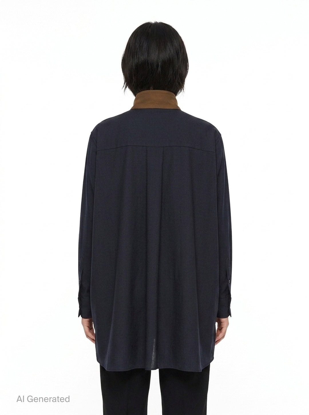 sacai Suiting x Crepe Back Satin Shirt in khaki and navy, featuring four flap cargo pockets, stand collar, and contrast long sleeves in a relaxed oversized silhouette - back