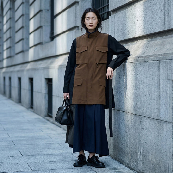 sacai Suiting x Crepe Back Satin Shirt in khaki and navy, featuring four flap cargo pockets, stand collar, and contrast long sleeves in a relaxed oversized silhouette - lifestyle
