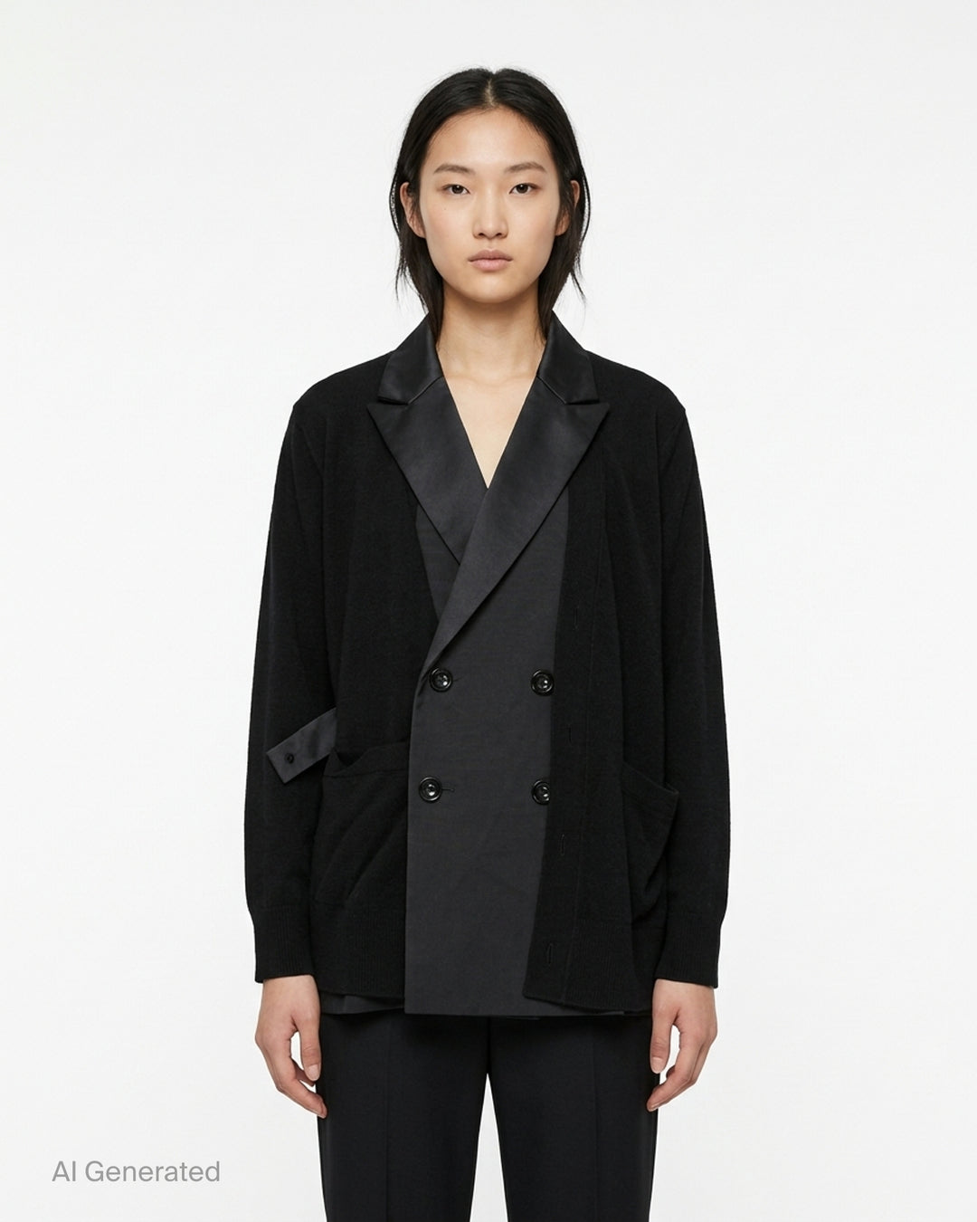 sacai Suiting x Wool Knit Cardigan in black, featuring satin-faced peaked lapels, double-breasted button fastening, and a hybrid suiting and wool knit construction, shown on a flat lay against a white background - front
