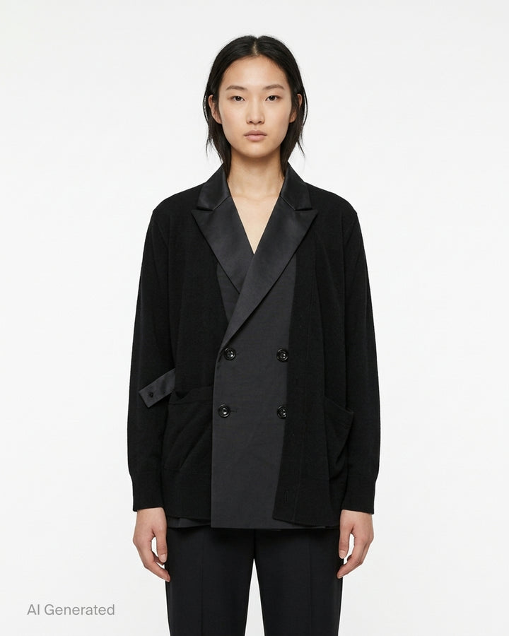 sacai Suiting x Wool Knit Cardigan in black, featuring satin-faced peaked lapels, double-breasted button fastening, and a hybrid suiting and wool knit construction, shown on a flat lay against a white background - front