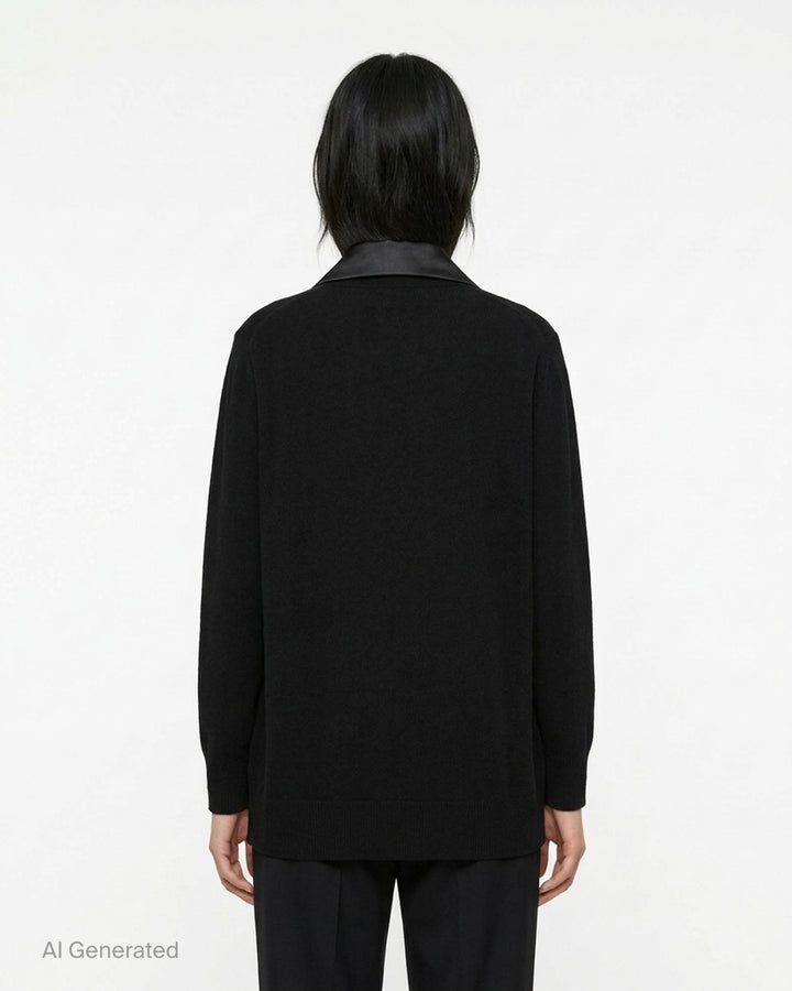 sacai Suiting x Wool Knit Cardigan in black, featuring satin-faced peaked lapels, double-breasted button fastening, and a hybrid suiting and wool knit construction, shown on a flat lay against a white background - back