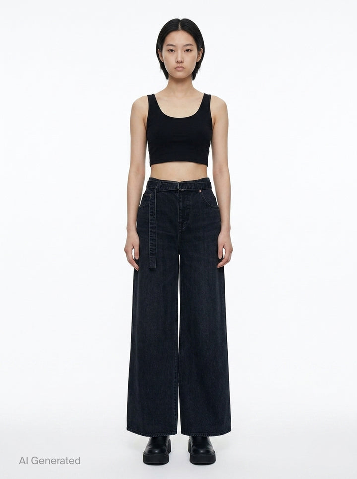 Wide Leg Belted Denim Pants | sacai | Club21 - front