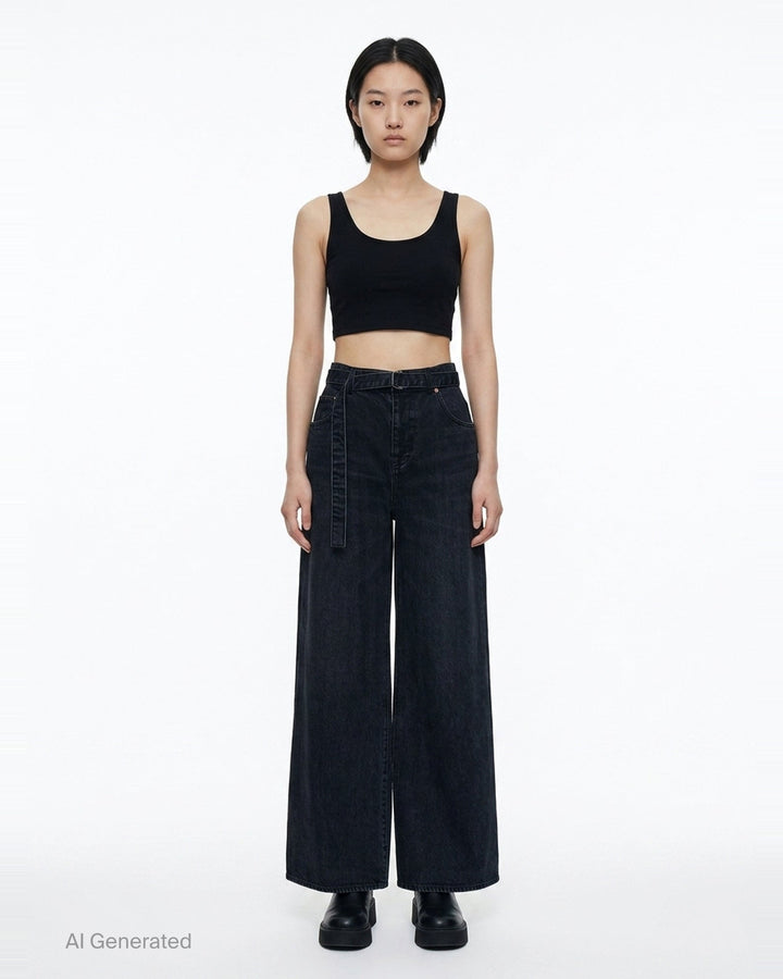 Wide Leg Belted Denim Pants | sacai | Club21 - front