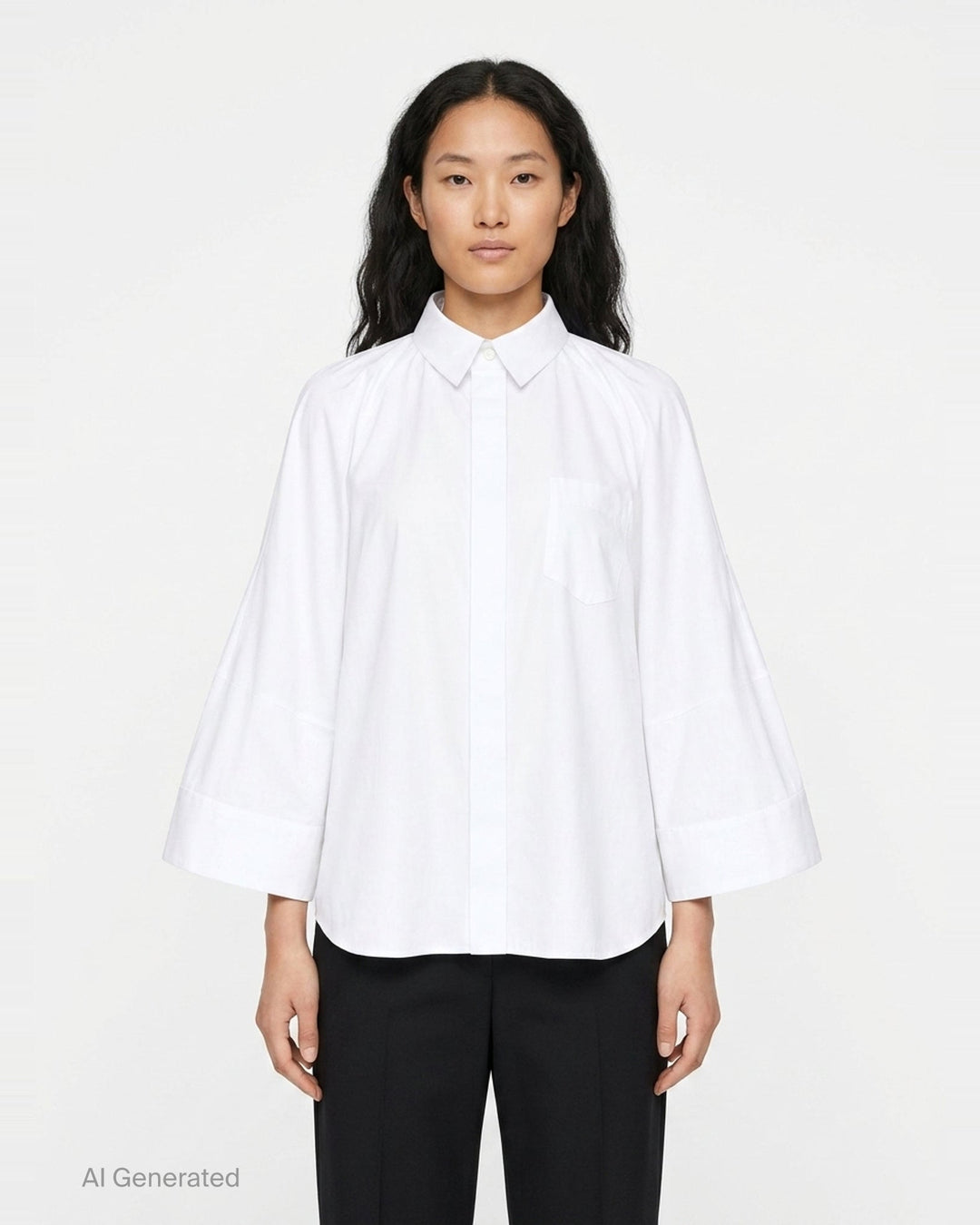 sacai Wide Sleeve Poplin Shirt in black, featuring a concealed button placket, point collar, flared long sleeves with deep cuffs, a chest patch pocket, and twin lower patch pockets - front