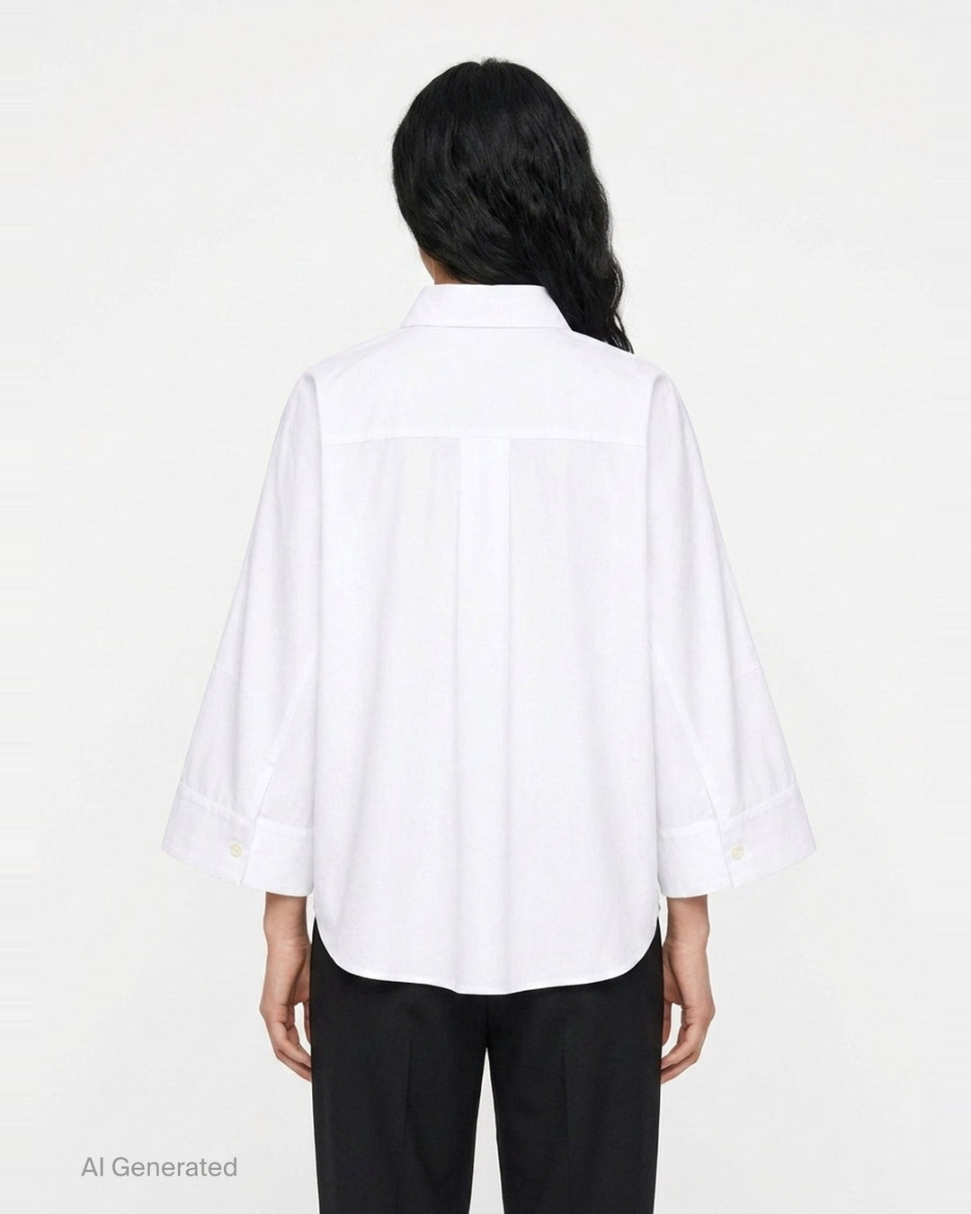 sacai Wide Sleeve Poplin Shirt in black, featuring a concealed button placket, point collar, flared long sleeves with deep cuffs, a chest patch pocket, and twin lower patch pockets - back