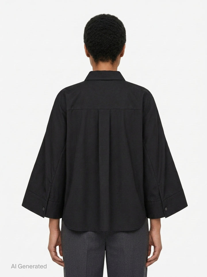 sacai Wide Sleeve Poplin Shirt in black, featuring a concealed button placket, point collar, flared long sleeves with deep cuffs, a chest patch pocket, and twin lower patch pockets - back