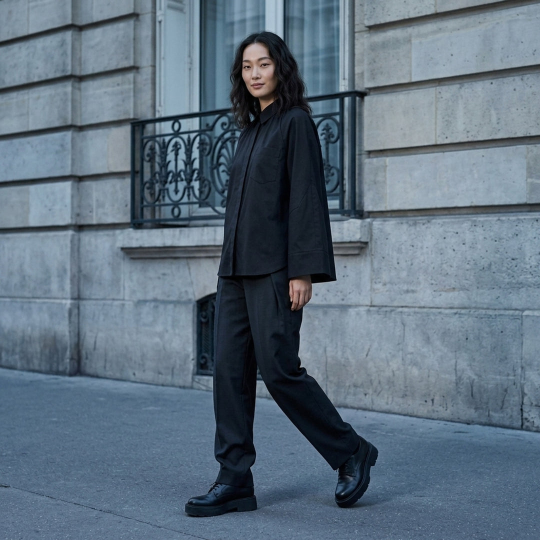 sacai Wide Sleeve Poplin Shirt in black, featuring a concealed button placket, point collar, flared long sleeves with deep cuffs, a chest patch pocket, and twin lower patch pockets - lifestyle