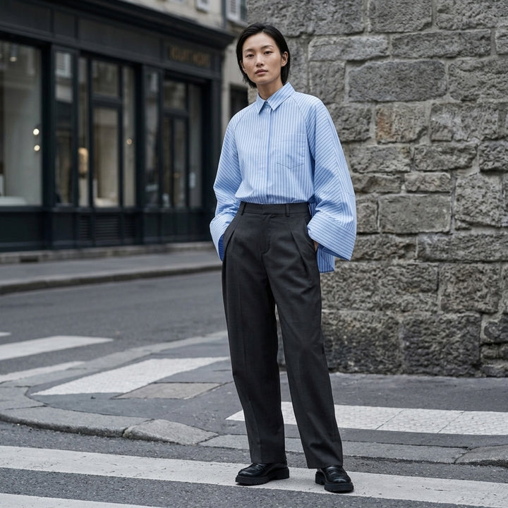 sacai Wide Sleeve Poplin Shirt in black, featuring a concealed button placket, point collar, flared long sleeves with deep cuffs, a chest patch pocket, and twin lower patch pockets - lifestyle