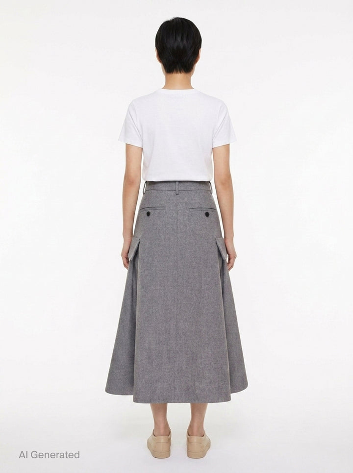 sacai Wool Flannel Cargo Skirt in heather grey — high-waisted A-line midi with dual utility patch pockets and belt loops, front view - back