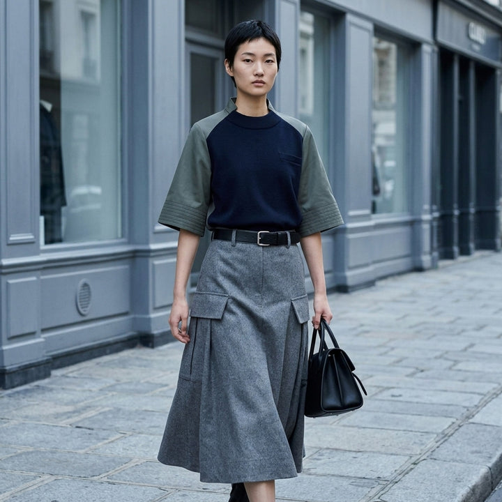 sacai Wool Flannel Cargo Skirt in heather grey — high-waisted A-line midi with dual utility patch pockets and belt loops, front view - lifestyle