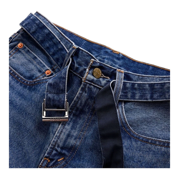 sacai x Levi's mid-blue washed flare jeans with an integrated black woven belt, shown from the front - packshot