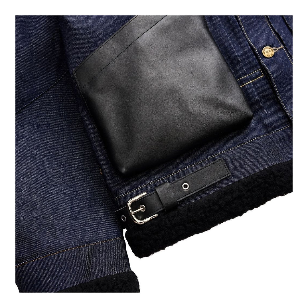 sacai Holiday Capsule mid-blue denim blouson with brown sherpa collar, cuffs and hem, an oversized leather front pocket and buckled side straps - packshot