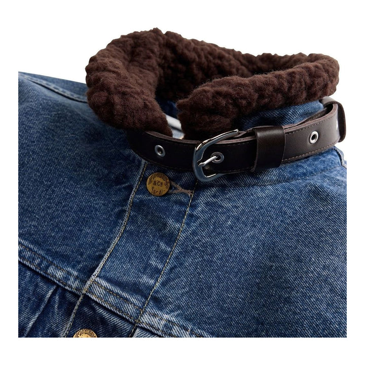 sacai Holiday Capsule mid-blue denim blouson with brown sherpa collar, cuffs and hem, an oversized leather front pocket and buckled side straps - packshot