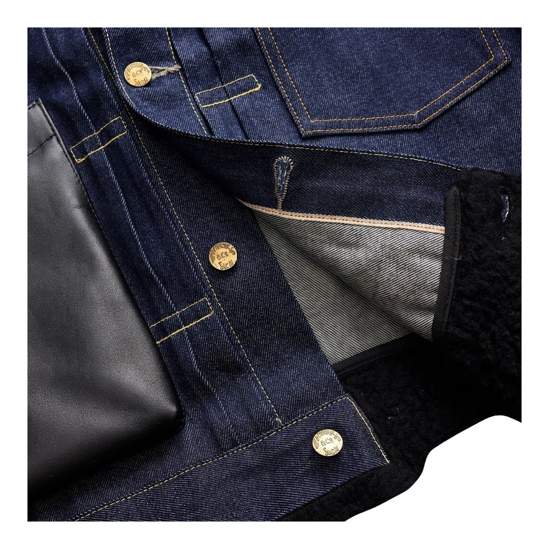 sacai Holiday Capsule mid-blue denim blouson with brown sherpa collar, cuffs and hem, an oversized leather front pocket and buckled side straps - packshot