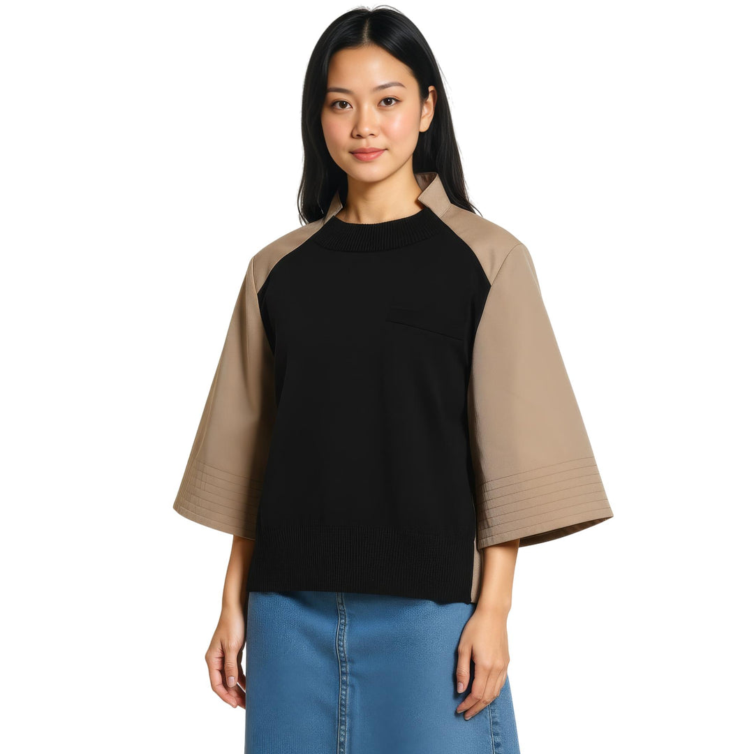 Club21 - sacai - Cotton Gabardine X Knit Pullover - KNIT TOPS - Black