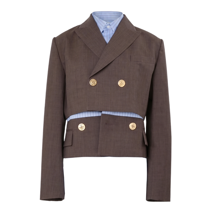 sacai Suiting x Poplin Jacket in brown — a cropped double-breasted blazer with ornate gold buttons layered over a blue striped poplin shirt, shown on a display form against a white background
