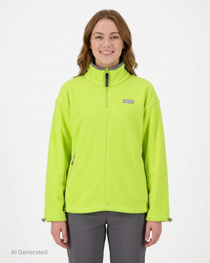 Sandy Liang Ascher pullover in lime green fleece with half-zip front, grey contrast collar, toggle cuffs and woven logo patch - front