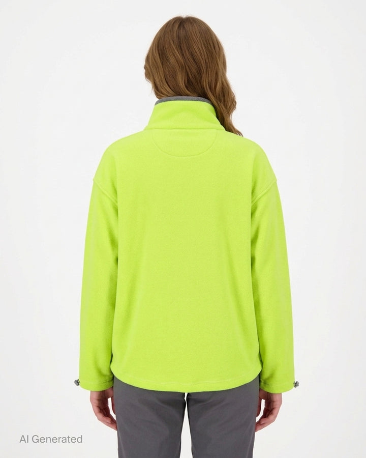 Sandy Liang Ascher pullover in lime green fleece with half-zip front, grey contrast collar, toggle cuffs and woven logo patch - back