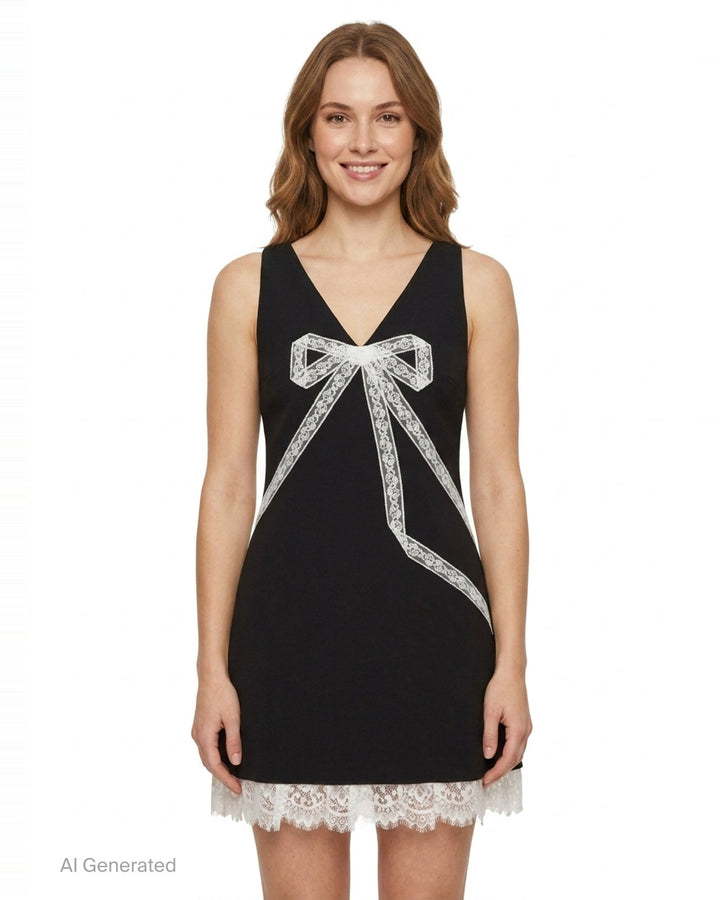 Black Crepe Bow Lace Mini Dress | Self-Portrait | Club21 - front