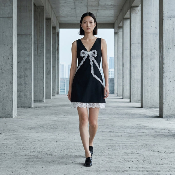 Black Crepe Bow Lace Mini Dress | Self-Portrait | Club21 - lifestyle