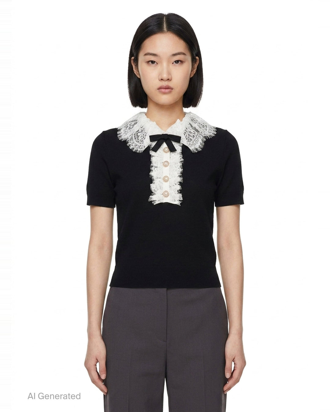 Black Knit Lace Collar Top | Self-Portrait | Club21 - front