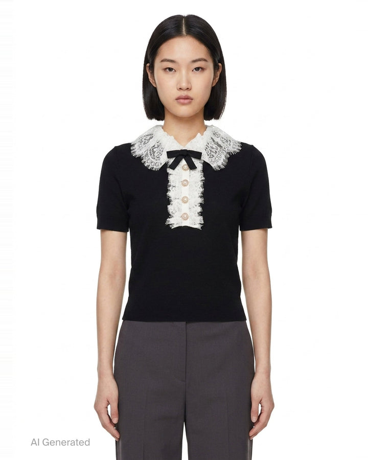 Black Knit Lace Collar Top | Self-Portrait | Club21 - front