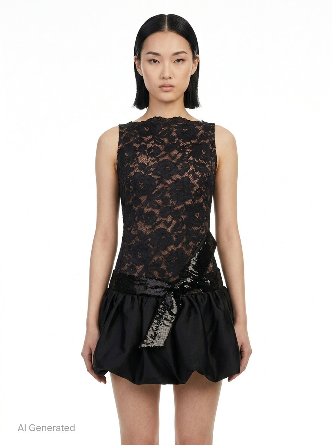 Black Lace Bubble Hem Mini Dress | Self-Portrait | Club21 - front