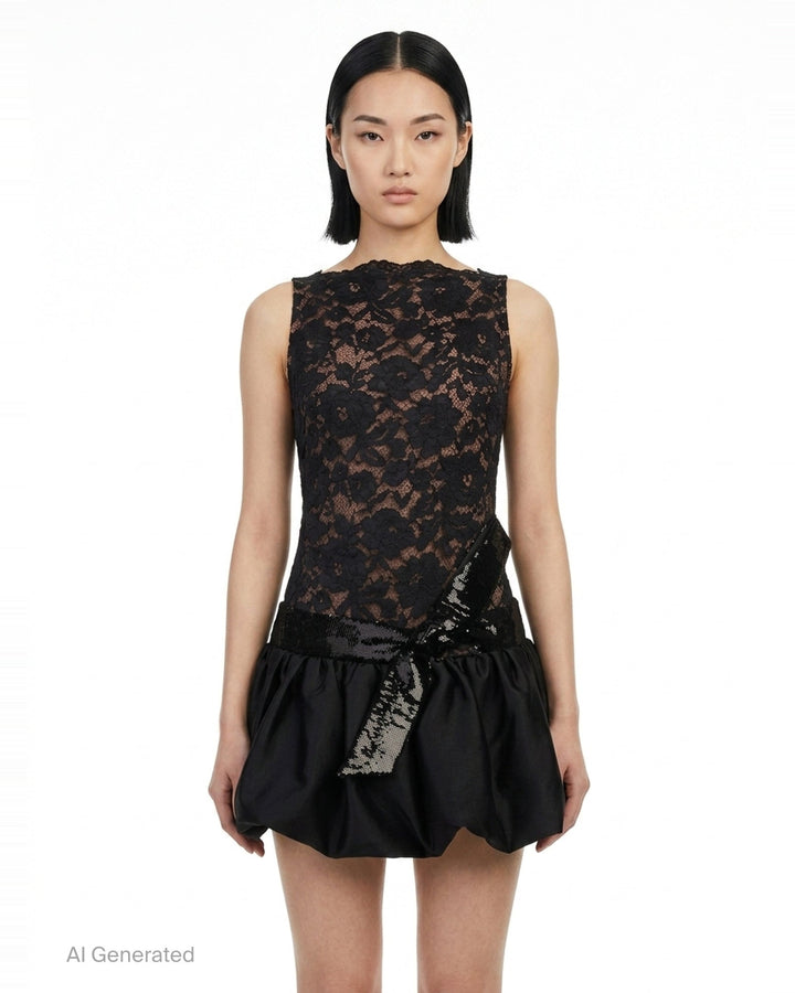 Black Lace Bubble Hem Mini Dress | Self-Portrait | Club21 - front