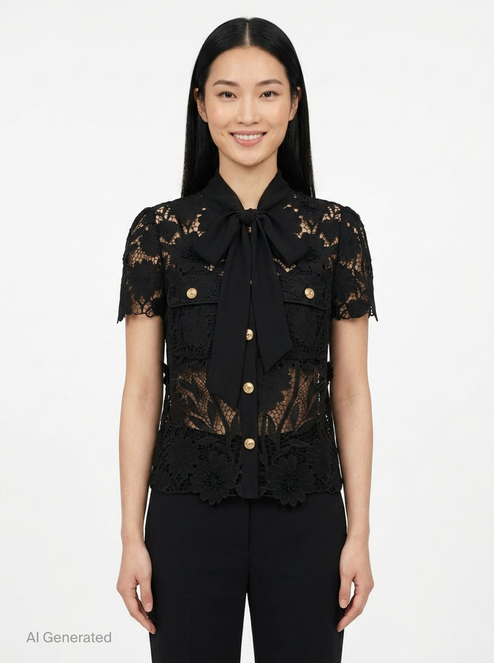 Black Lace Tie Neck Top | Self-Portrait | Club21 - front