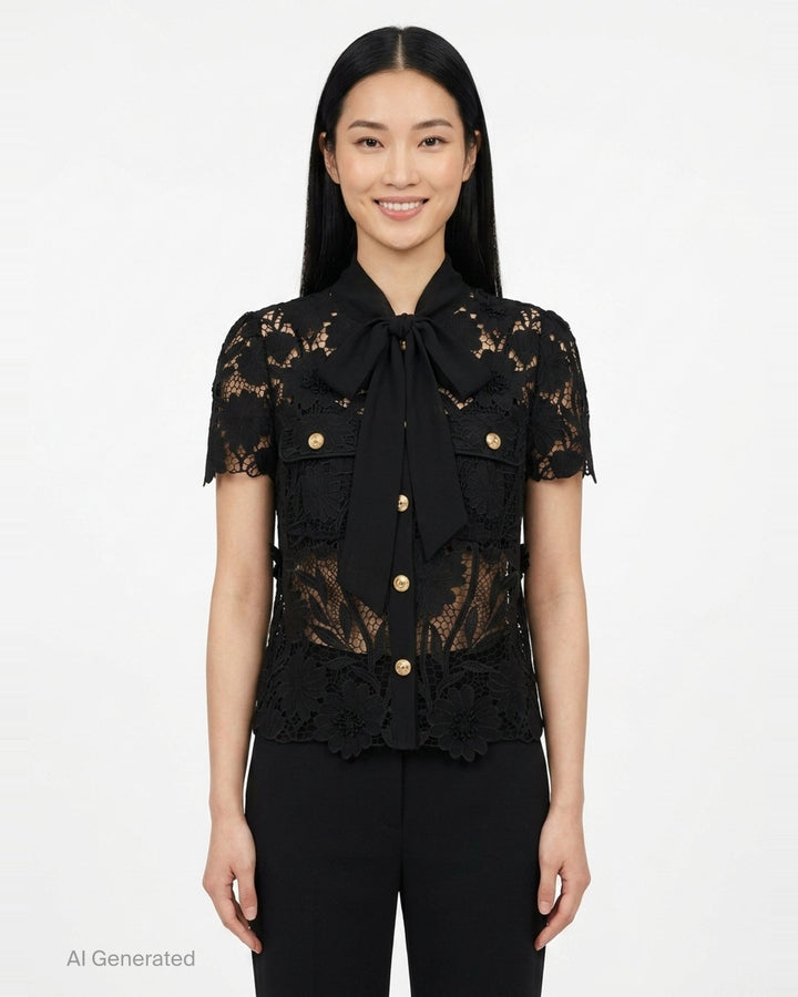 Black Lace Tie Neck Top | Self-Portrait | Club21 - front