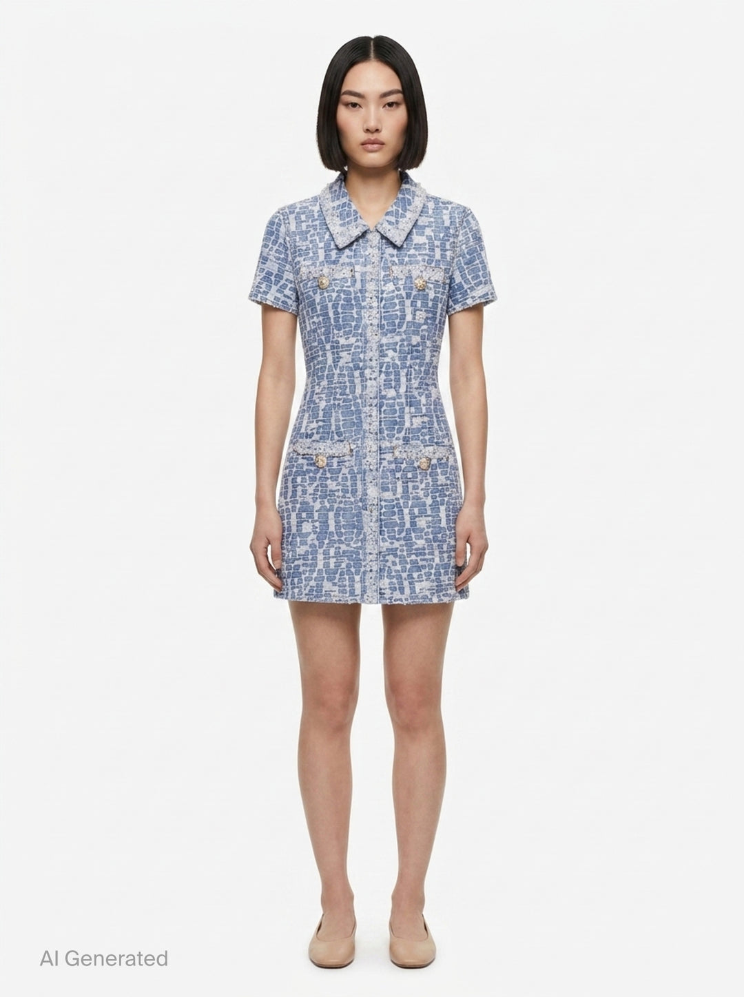 Blue Collared Textured Denim Mini Dress | Self-Portrait | Club21 - front
