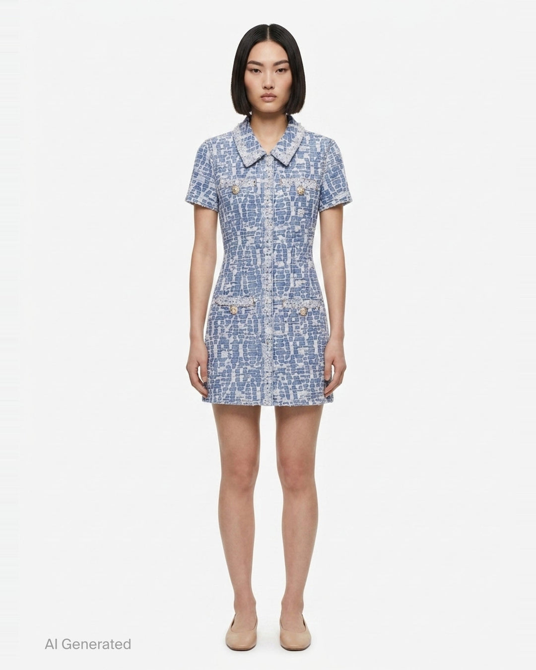 Blue Collared Textured Denim Mini Dress | Self-Portrait | Club21 - front