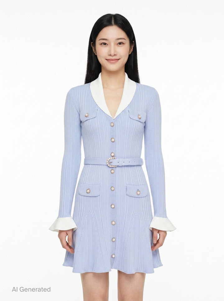 Blue Ribbed Knit Mini Dress | Self-Portrait | Club21 - front