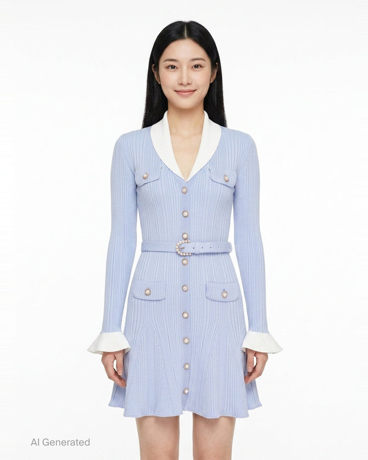 Blue Ribbed Knit Mini Dress | Self-Portrait | Club21 - front