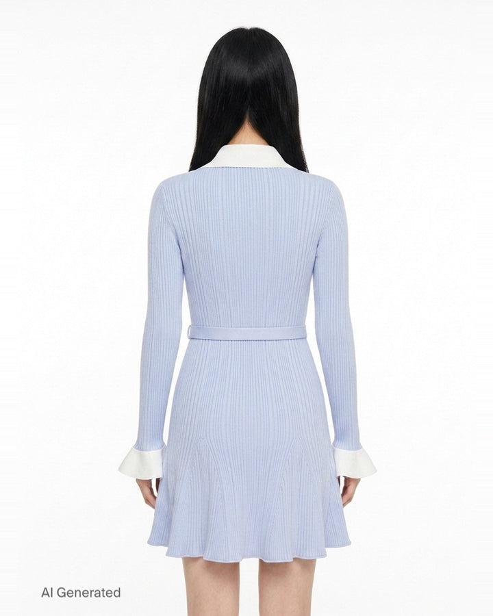 Blue Ribbed Knit Mini Dress | Self-Portrait | Club21 - back