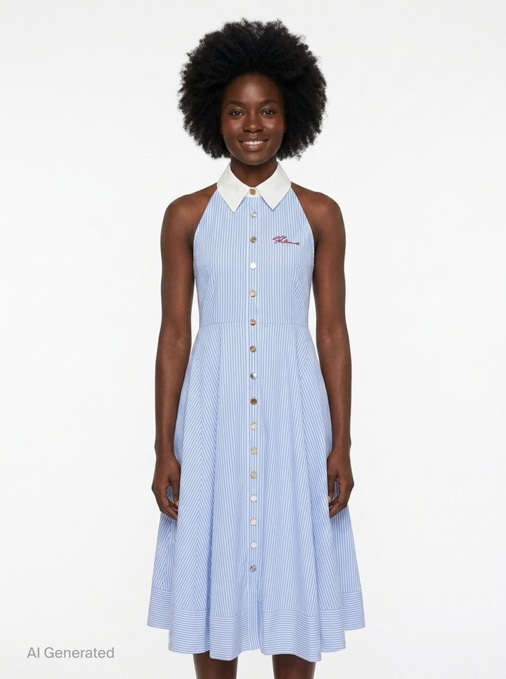 Blue Striped Cotton Midi Dress | Self-Portrait | Club21 - front