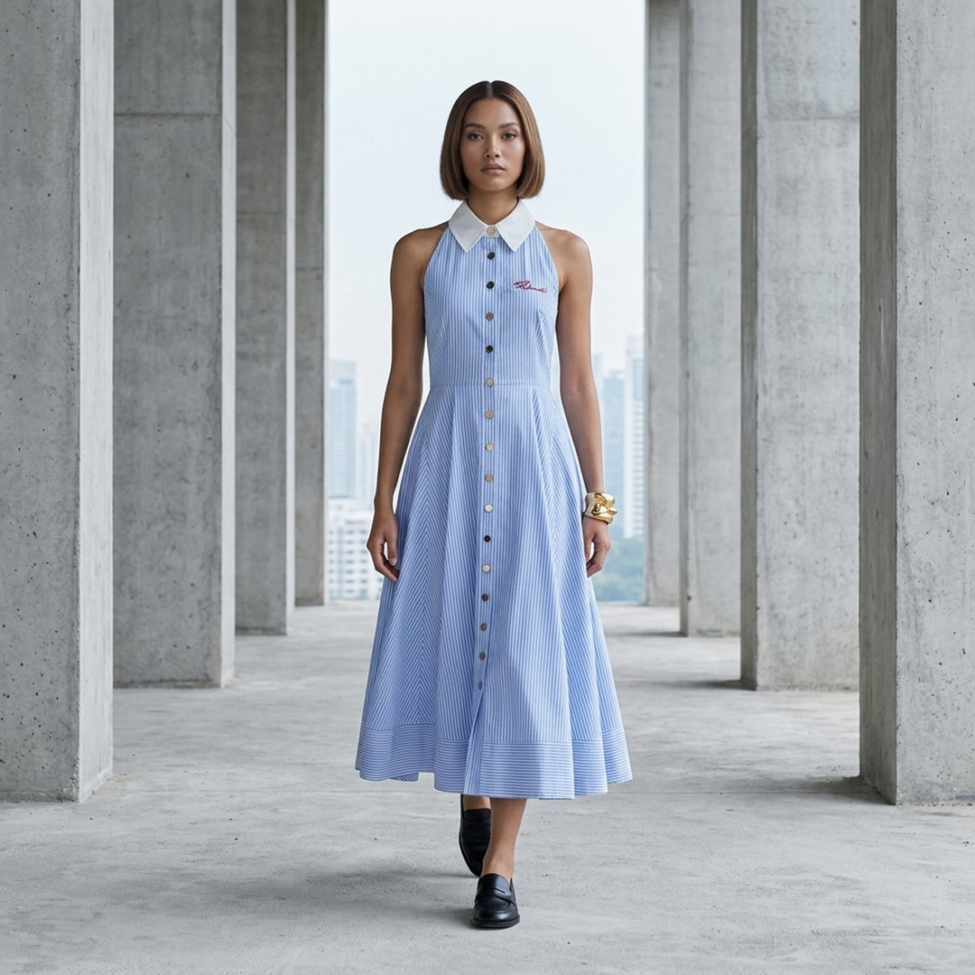 Blue Striped Cotton Midi Dress | Self-Portrait | Club21 - lifestyle