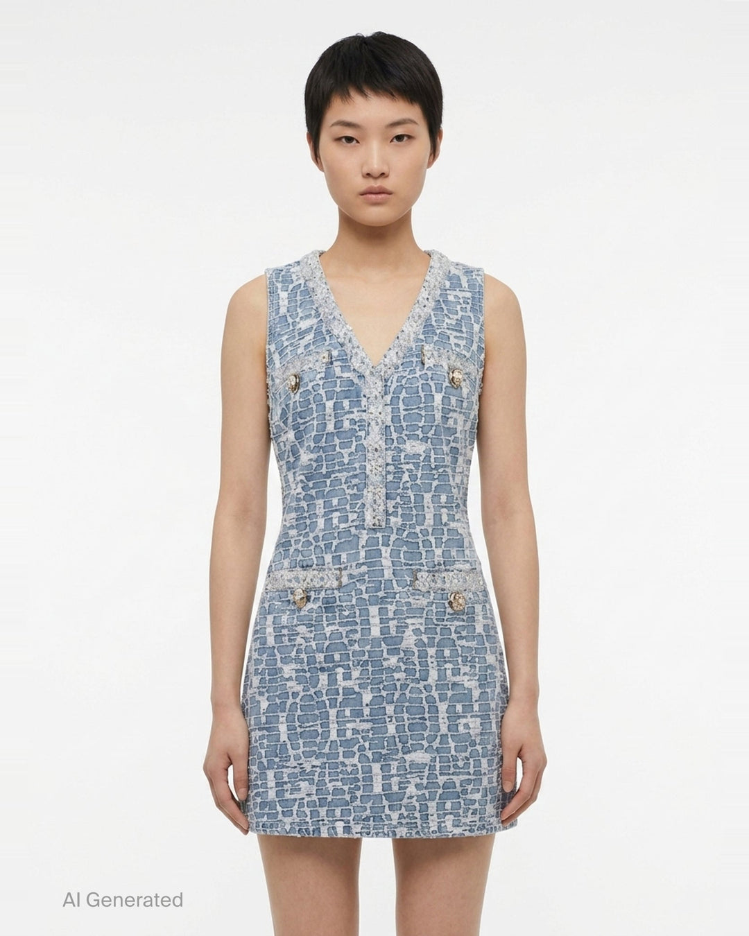 Blue Textured Denim Mini Dress | Self-Portrait | Club21 - front