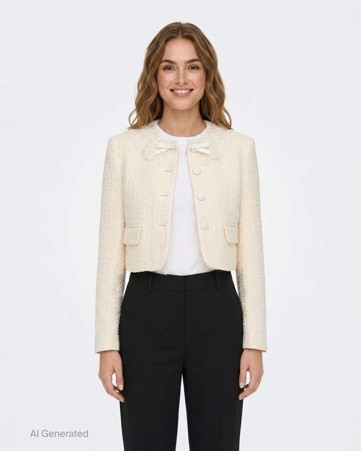 Cream Boucle Lace Collar Jacket | Self-Portrait | Club21 - front
