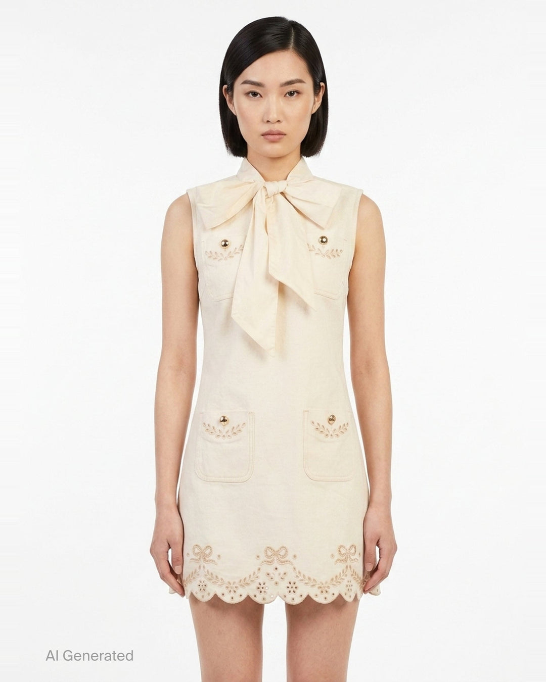 Cream Broderie Denim Mini Dress | Self-Portrait | Club21 - front