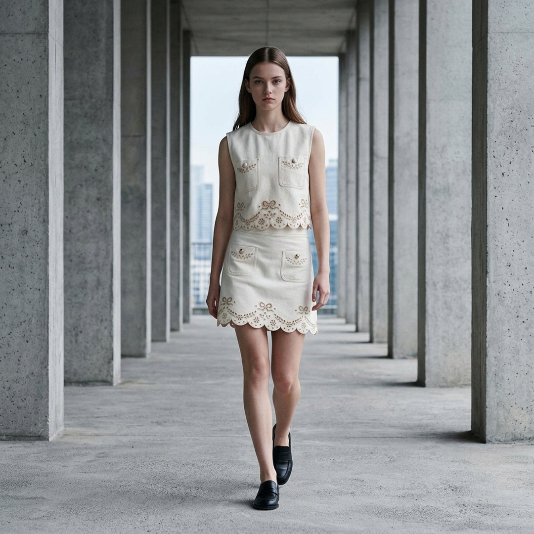Cream Broderie Denim Mini Skirt | Self-Portrait | Club21 - lifestyle