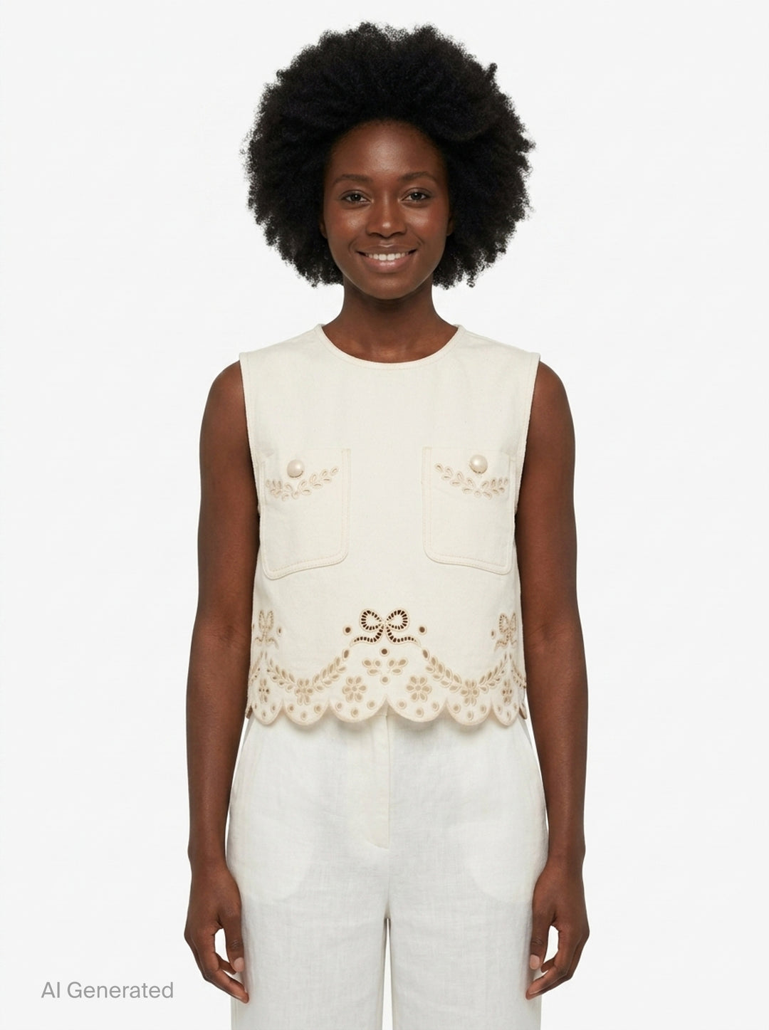 Cream Broderie Denim Top | Self-Portrait | Club21 - front