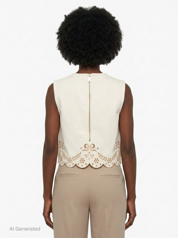 Cream Broderie Denim Top | Self-Portrait | Club21 - back