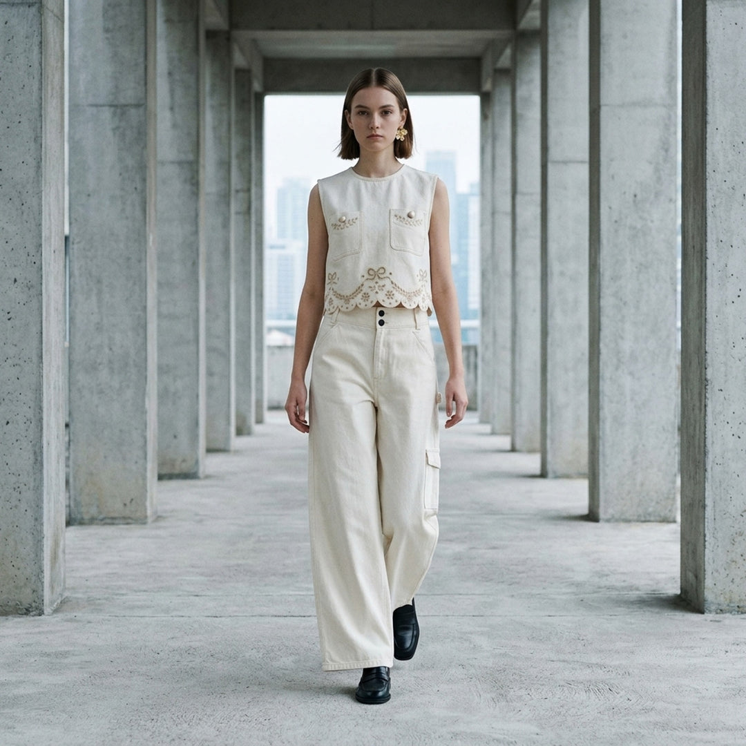 Cream Denim Wide-Leg Trousers | Self-Portrait | Club21 - lifestyle