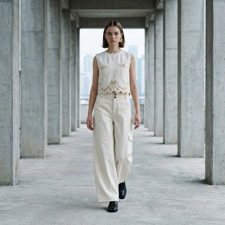 Cream Denim Wide-Leg Trousers | Self-Portrait | Club21 - lifestyle