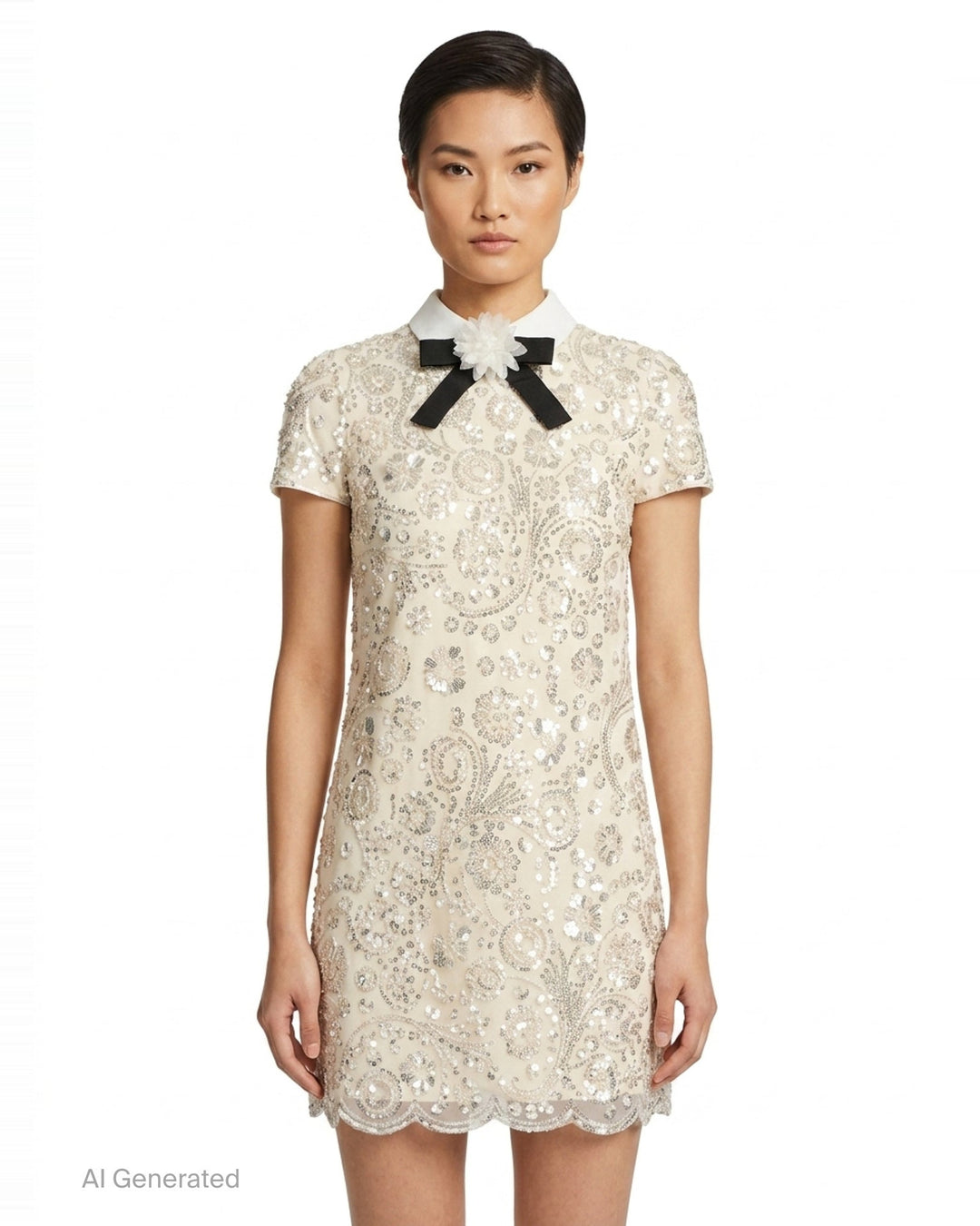 Cream Sequin Embellished Mini Dress | Self-Portrait | Club21 - front
