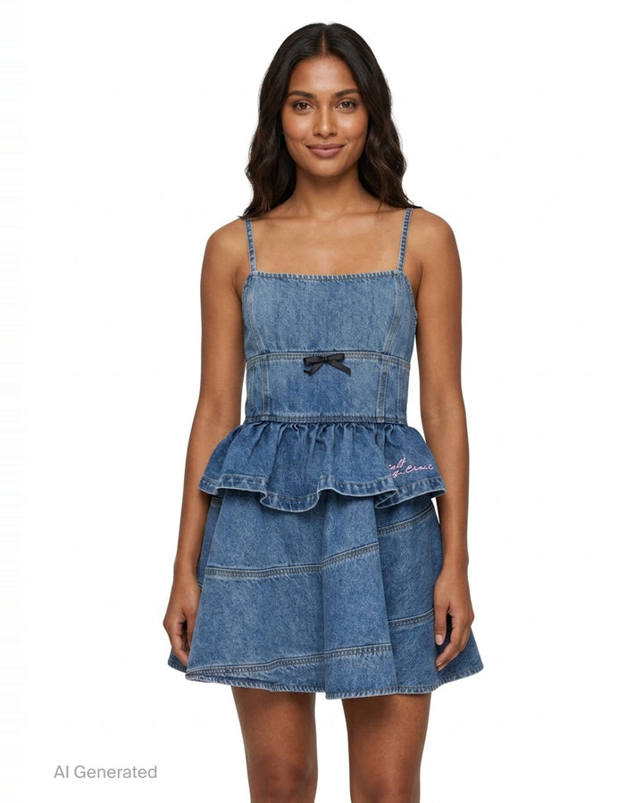 Denim Flared Peplum Mini Dress | Self-Portrait | Club21 - front