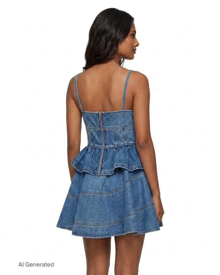 Denim Flared Peplum Mini Dress | Self-Portrait | Club21 - back