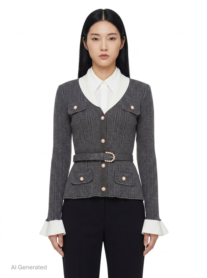Grey Ribbed Knit Cardigan | Self-Portrait | Club21 - front